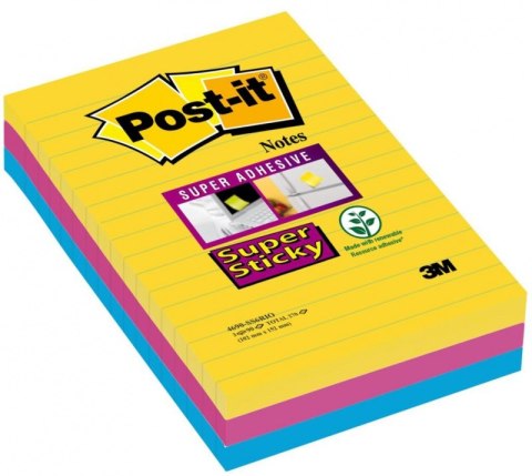 Bloczek samoprzylepny POST-IT_ Super Sticky w linie (4690-SS3RIO-EU), 101x152mm, 3x90 kart., paleta Rio de Janeiro