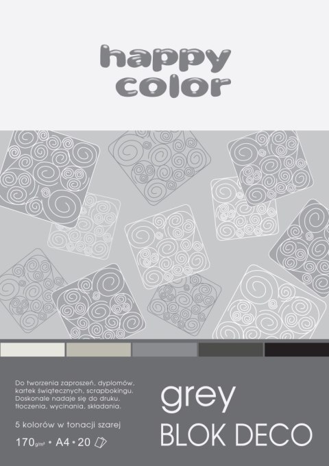 Blok Deco Grey A4, 170g, 20 ark, 5 kol. tonacja szara, Happy Color HA 3717 2030-082